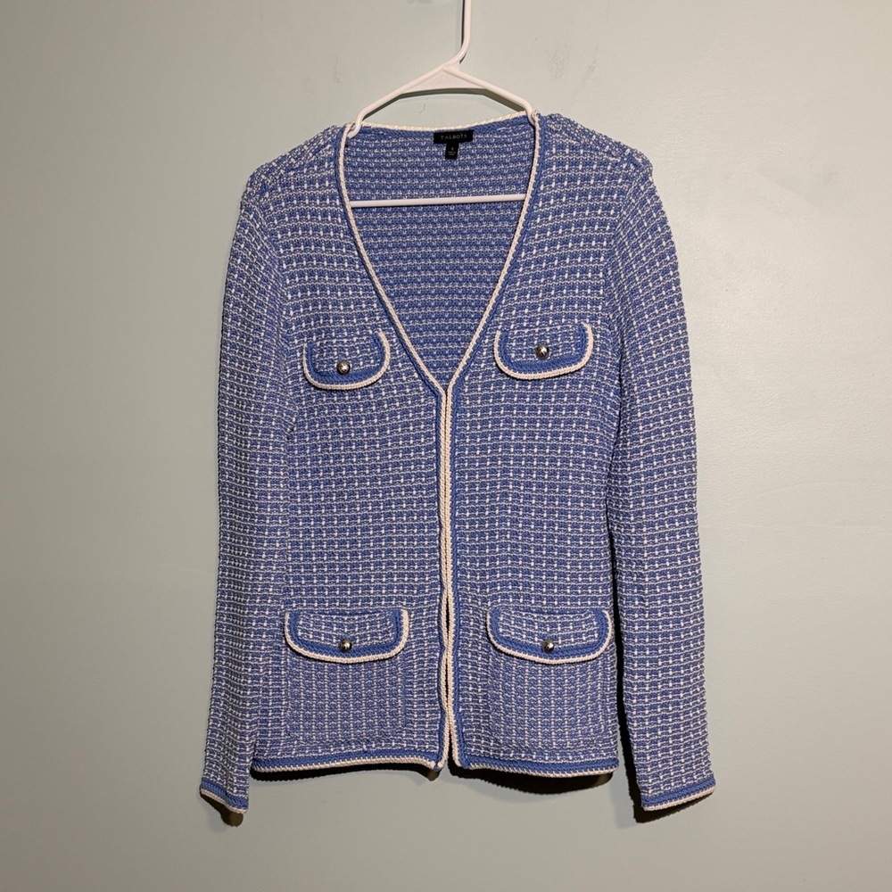 Talbots Women’s Knit Sweater Blazer Size Small Blue & White Office Preppy